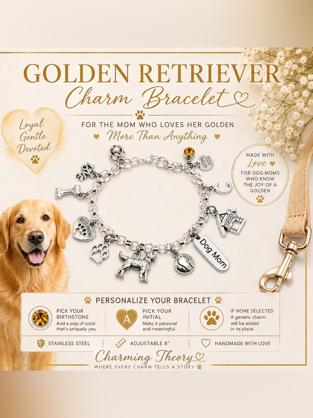 Golden Retriever Charm Bracelet Dog